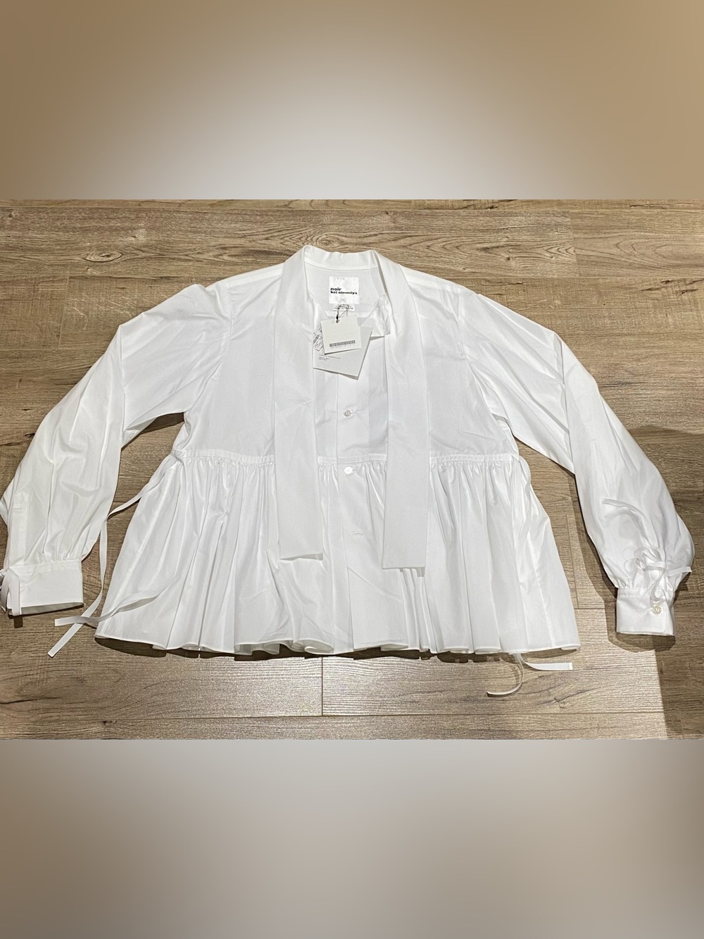 Comme des Garcons White Peplum Tie-Neck Button Down Shirt